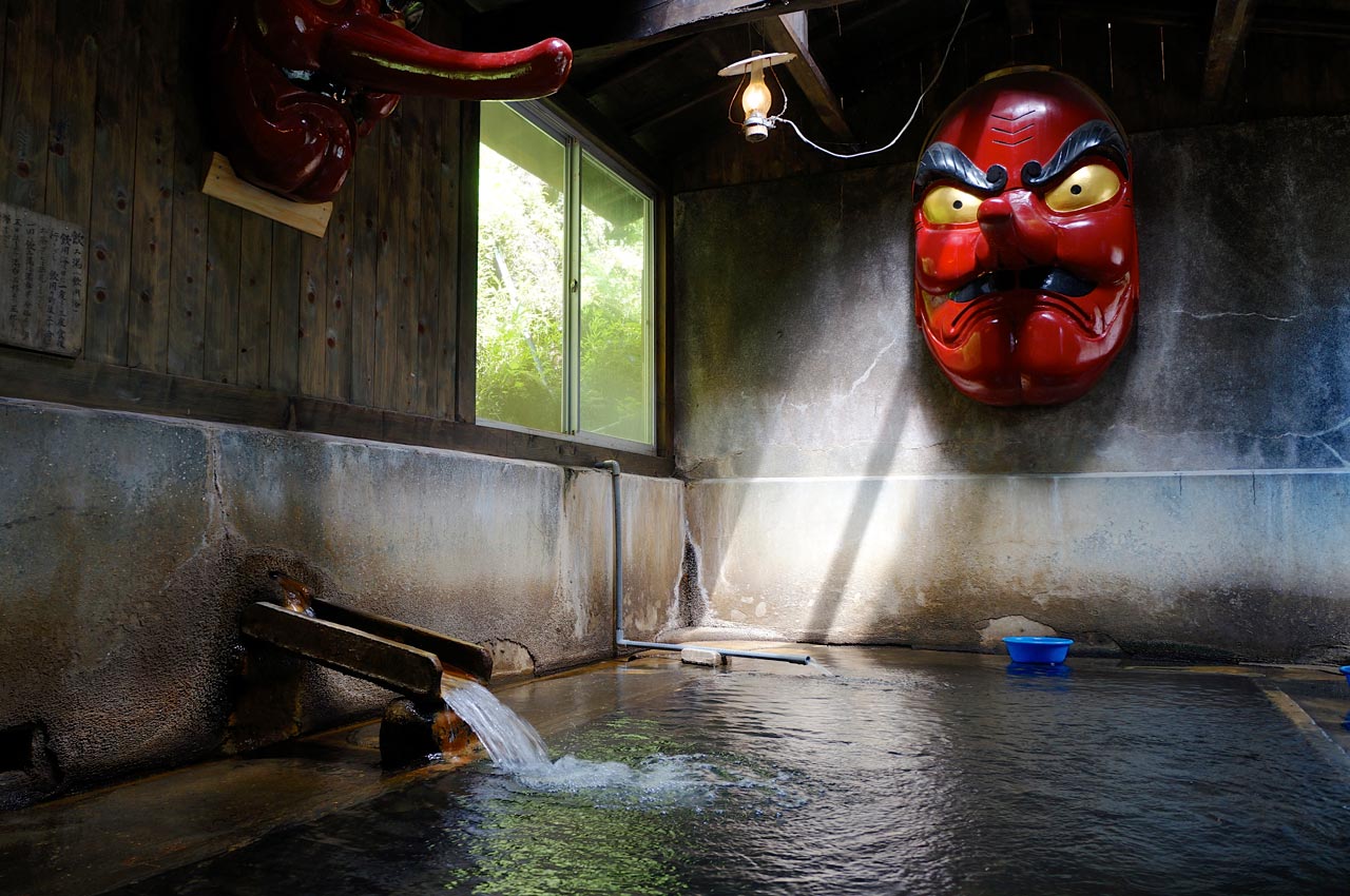 tengu mask in a japanese hot spring