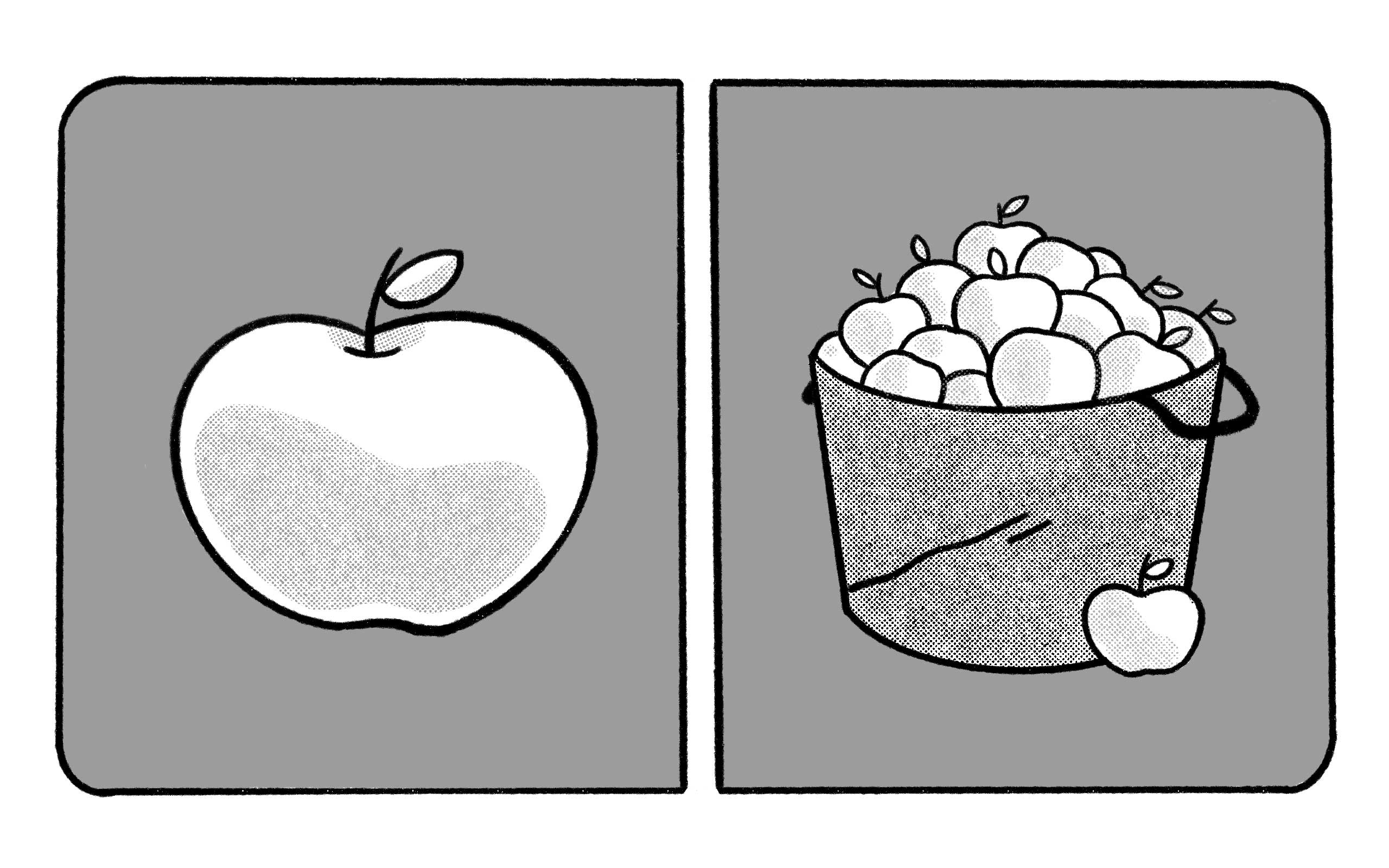 one apple next to a bucket of apples