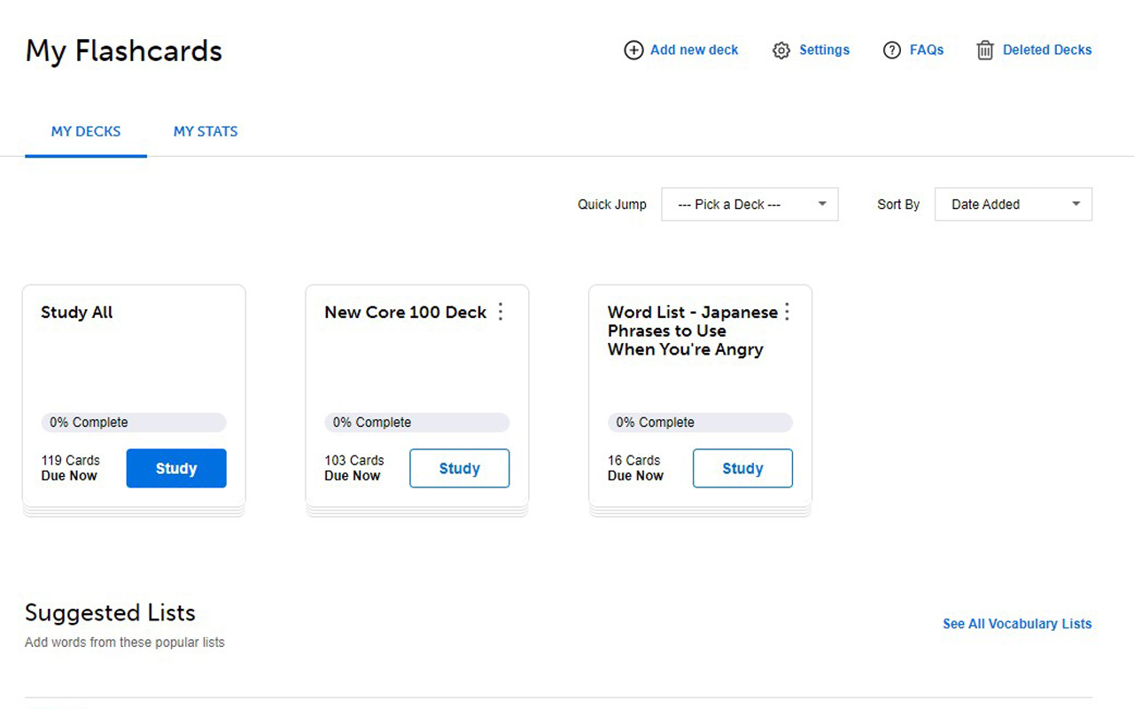 screenshot of the 'My Flashcards' page showing the user's three decks