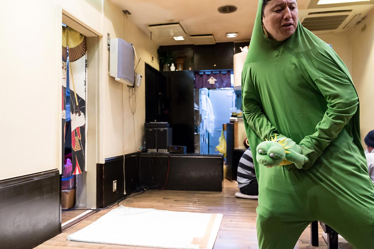 mark kagaya in a frog costume at kagaya izakaya