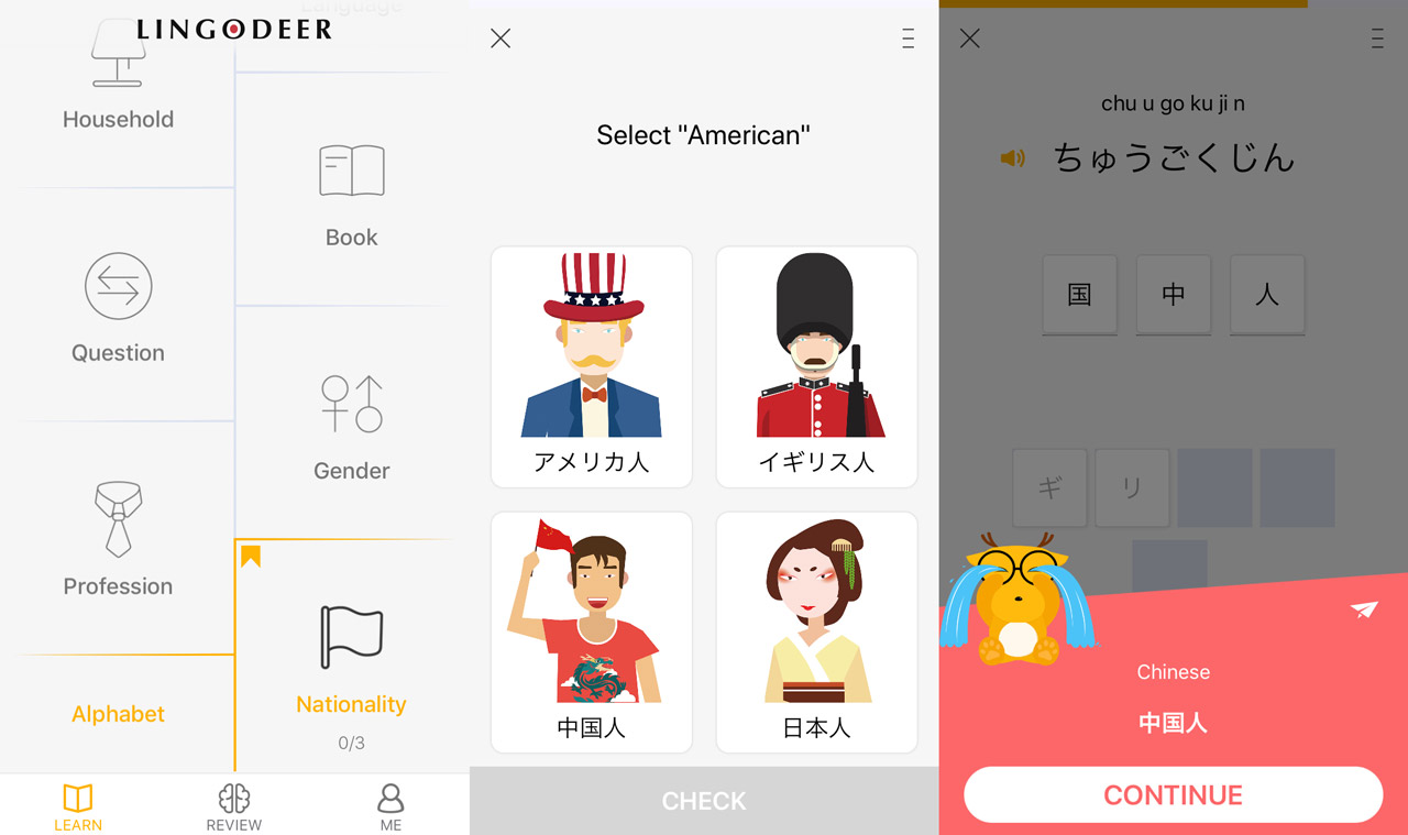 three screens from lingodeer japanese learning app