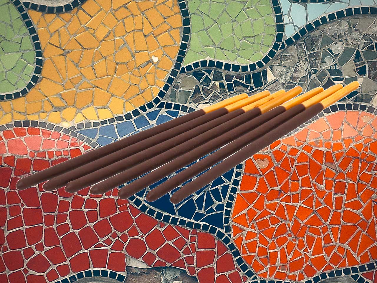 pocky in front of a mosaic