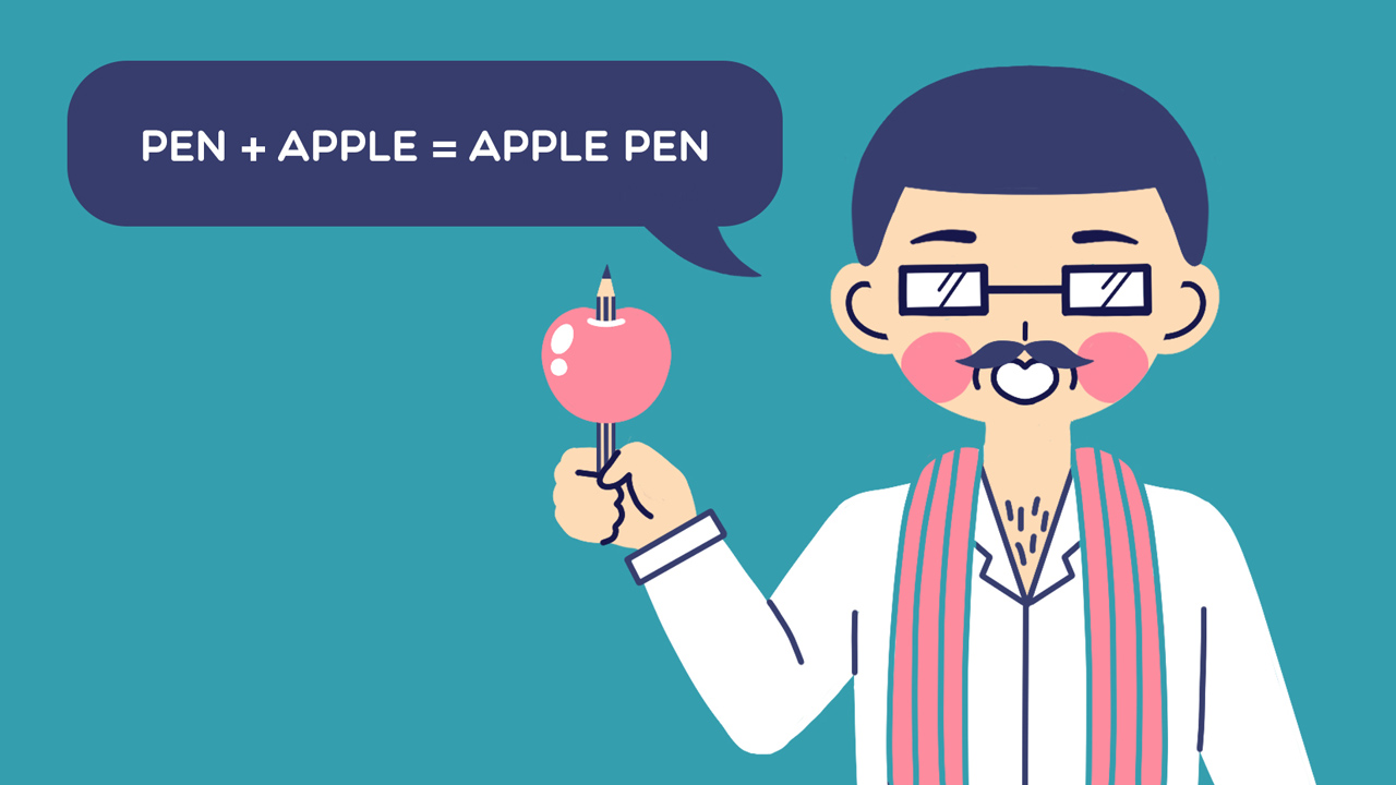 man in scarf holding pencil stabbed into apple